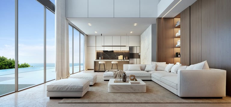 Modern luxury living room with pool and sea view