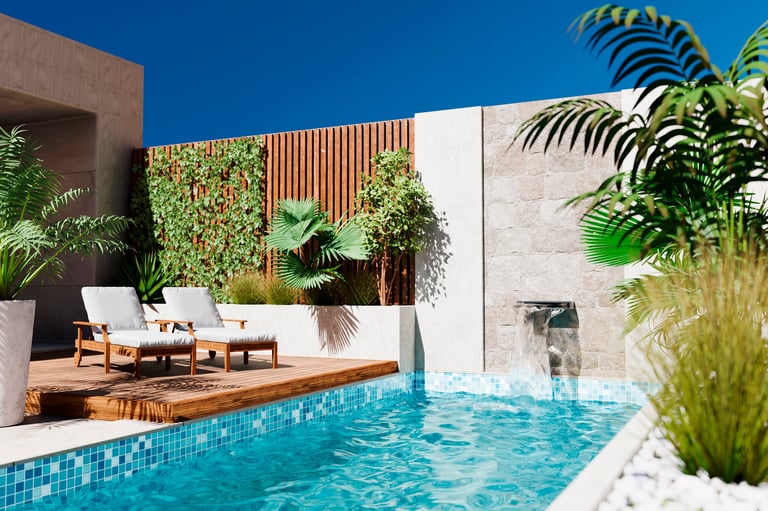 Modern luxury villa architecture with swimming pool and tropical garden