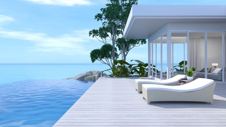 Sunbathing terrace with pool and blue sea view