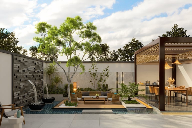 Modern home terrace with pool and tropical landscaping