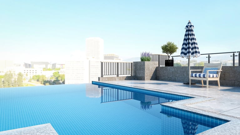 Luxury rooftop pool with modern terrace and city view