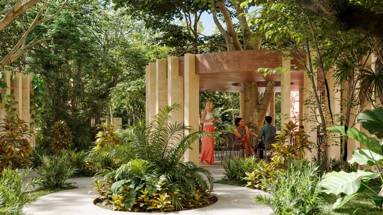 Modern pergola structure with wooden beams surrounded by lush tropical plants and tall trees in a garden setting
