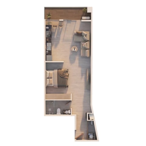 Plano del Studio 2 con piso de madera, cocina, sala y baño