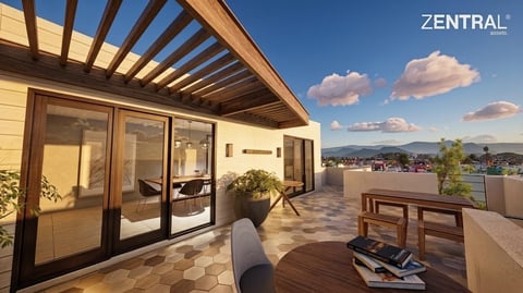 Modern rooftop terrace with wooden pergola, lounge furniture, potted plants, and panoramic city views under clear blue sky