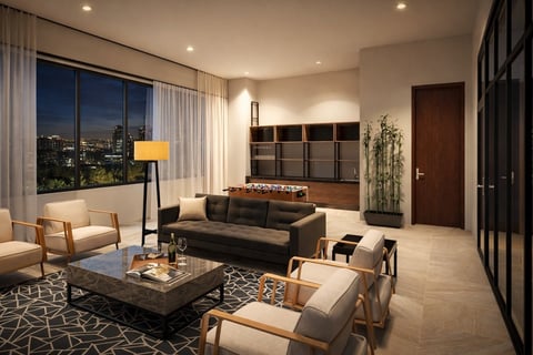 Sala de estar moderna con vista a la ciudad, sofá oscuro, almacenamiento de madera, lámpara de pie y muebles contemporáneos