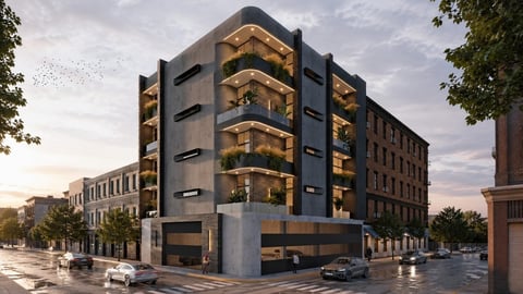 Modern corner building with illuminated balconies and glass facades among historic urban architecture at dusk