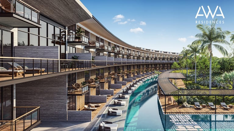 Modern curved building with terraced balconies and infinity pool