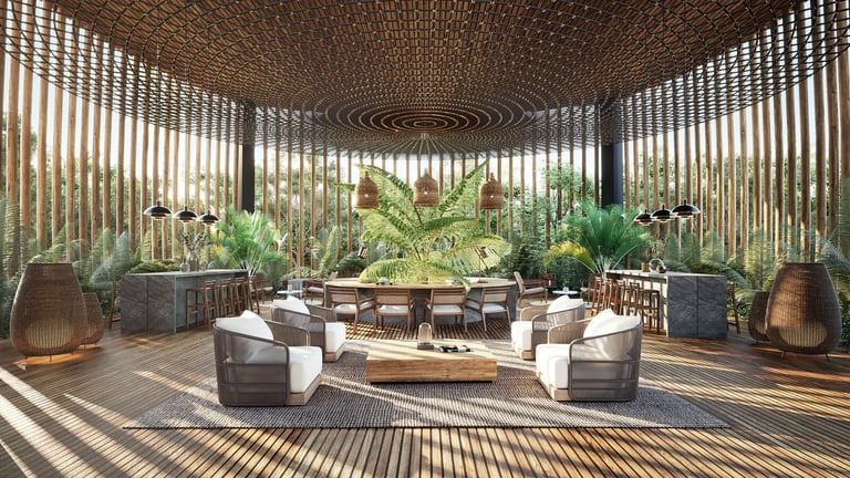 Modern greenhouse lounge with curved seating and latticed ceiling