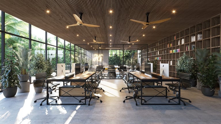 Modern open office with wooden ceiling fans and plants