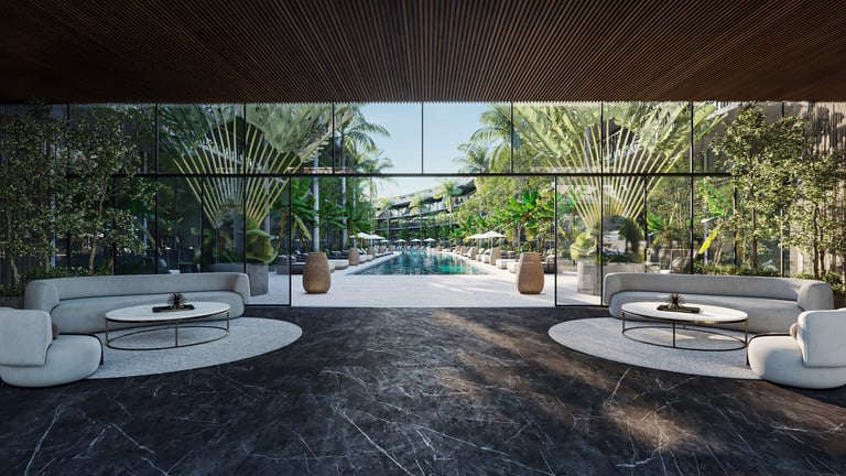 Modern luxury lounge with white seating, black marble floor and pool view