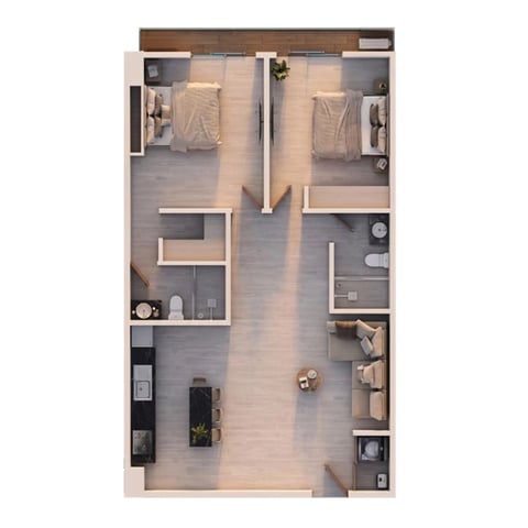 Plano del Loft de dos recámaras con recámaras, cocina, baños y áreas de sala con mobiliario