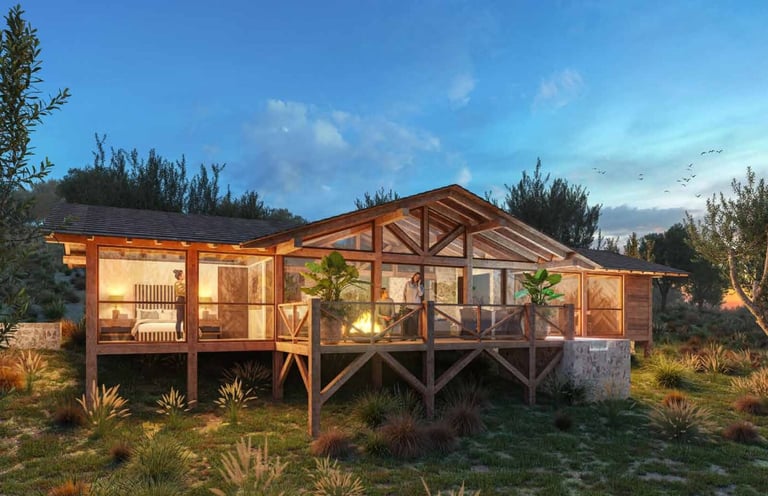 Cabaña de madera iluminada en Valle de los Encinos