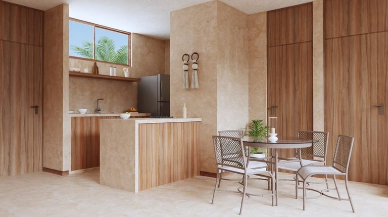 Modern open-plan apartment interior with wooden cabinetry, kitchen area, dining table, and large windows letting in natural light.