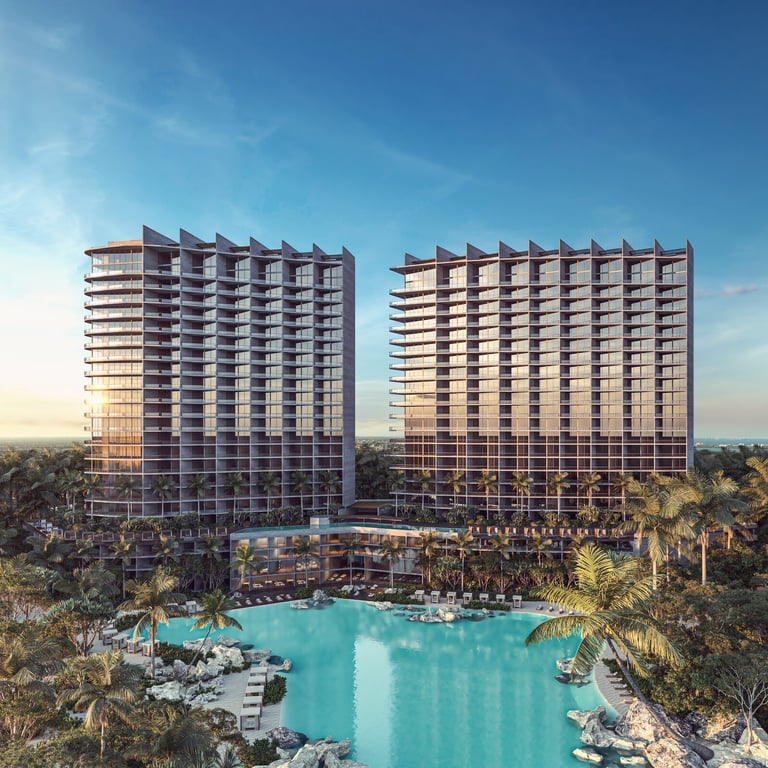 Two modern residential towers with turquoise pool and palm trees