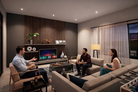 Sala de estar moderna con cuatro personas conversando en sofá seccional, pared de madera oscura con chimenea eléctrica y muebles contemporáneos