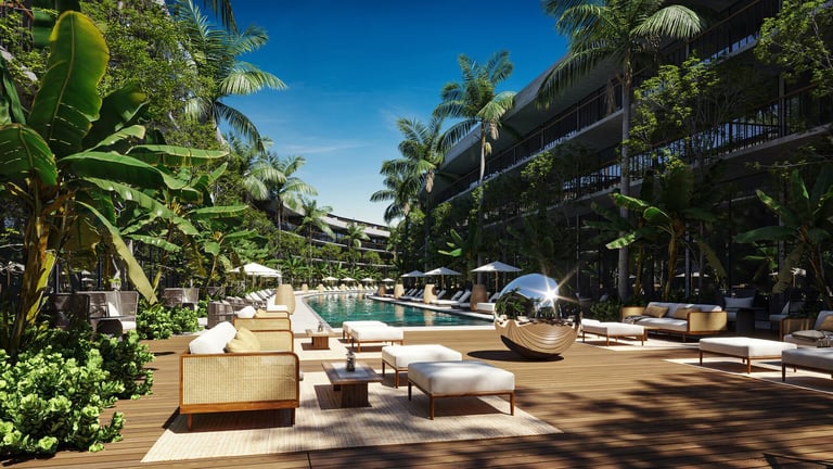 Luxury resort pool deck with lounge chairs and tropical vegetation