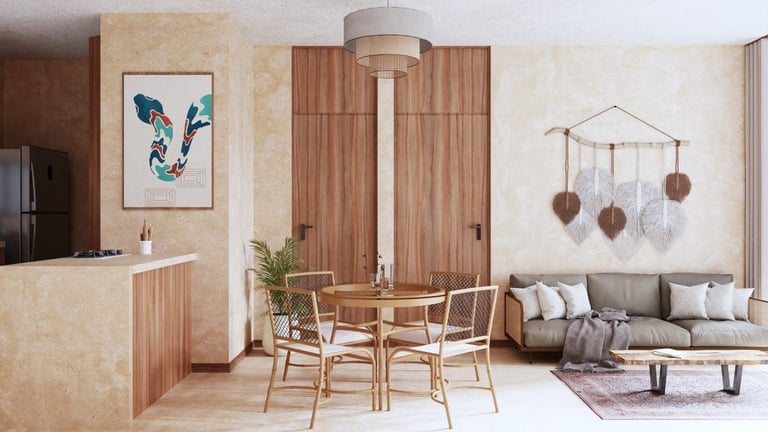 Modern apartment interior with wood dining table, beige walls, kitchen area, wooden wardrobe, and gray sofa with decorative mobile.