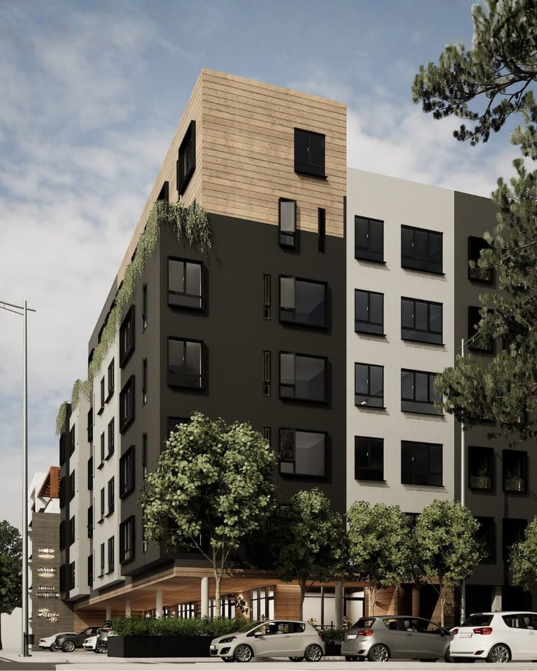 Modern mixed-use building with wood and black exterior, multiple windows, ground-level retail, trees, and parked cars
