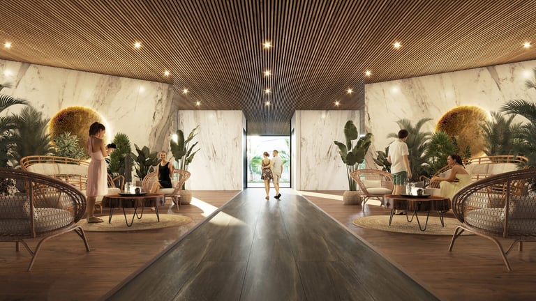 Modern interior hallway with wooden ceiling and plants