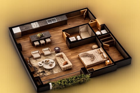 3D floor plan of a one-bedroom apartment showing living area, kitchen, bedroom, bathroom, and furniture layout