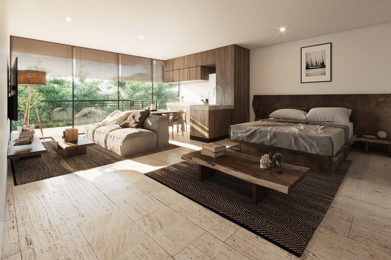 Modern luxury bedroom with wood accents and large windows