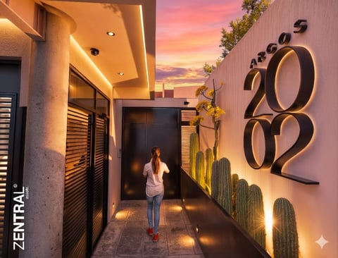 Woman walking through modern illuminated corridor with golden sunset sky and decorative metal numbers 2062 on pink wall