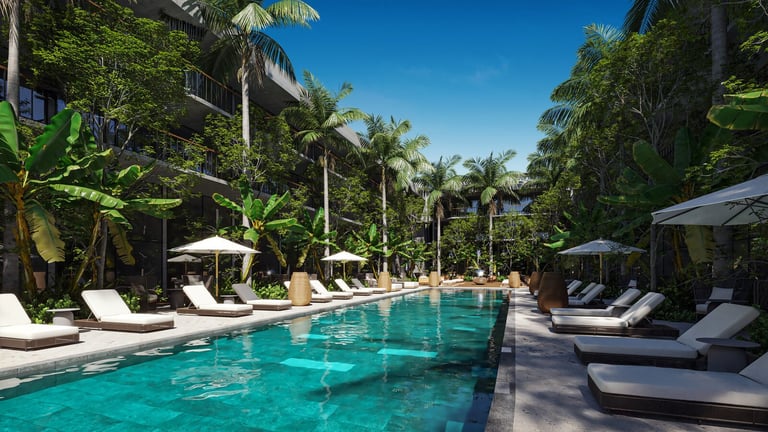 Luxury tropical resort pool with lounge chairs and white umbrellas