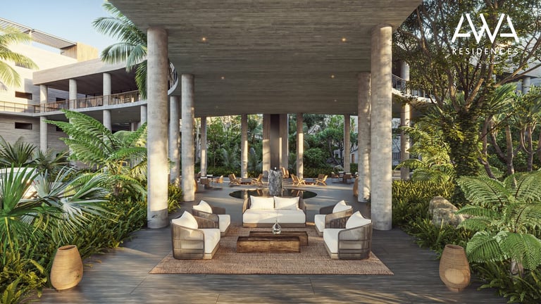 Modern covered pavilion with concrete columns and lush plants