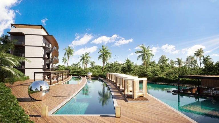 Modern waterfront resort with pool and palm trees