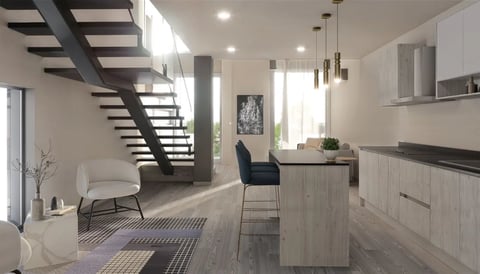 Interior de penthouse de doble altura con cocina blanca y escalera