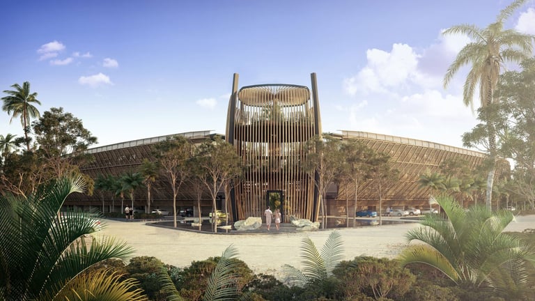 Modern curved building with vertical slats and palm trees