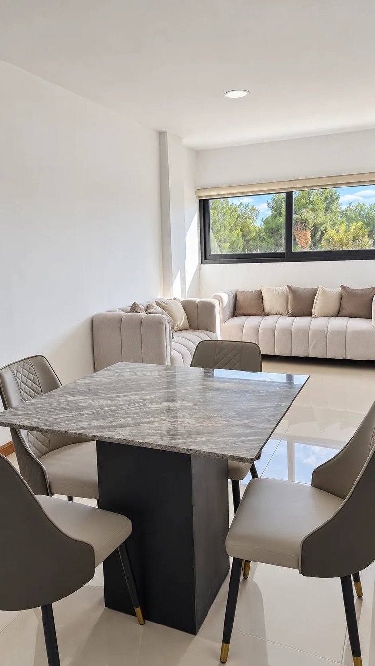 Sala comedor amueblada con mesa de comedor, sillas beige, sofá y ventanales con vista a los árboles