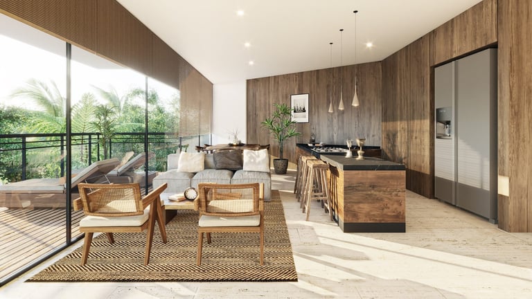 Modern open-concept apartment with wood accents and large windows