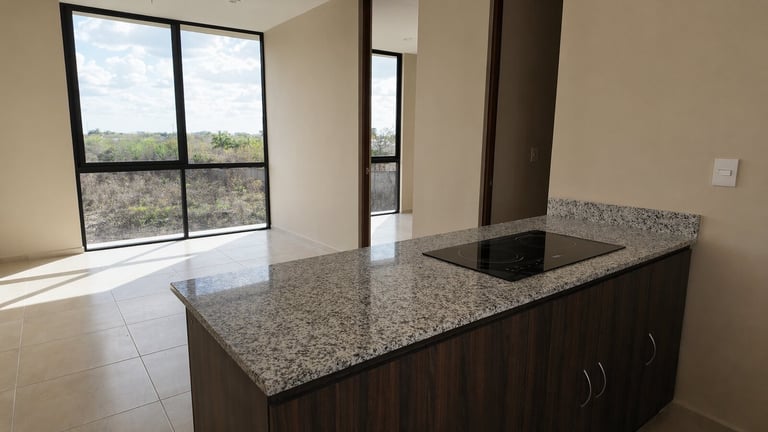 Modern kitchen with granite countertop and dark wood cabinetry, open concept living area with large windows overlooking landscape