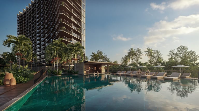 Modern high-rise with infinity pool and lounge chairs