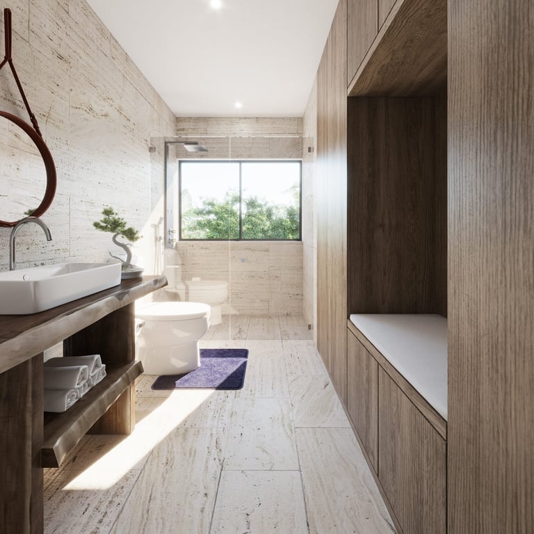 Modern luxury bathroom with marble tiles and soaking tub