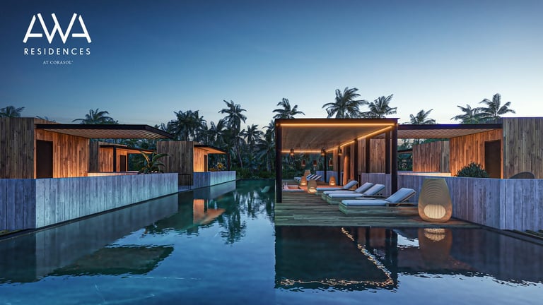 Modern wooden villas reflecting in blue water at dusk