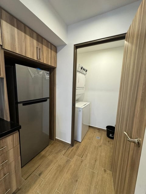 Área de cocina y lavandería en Alvatore con gabinetes de madera, refrigerador de acero inoxidable y lavadora