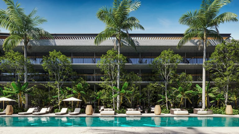 Modern resort building with palm trees and swimming pool