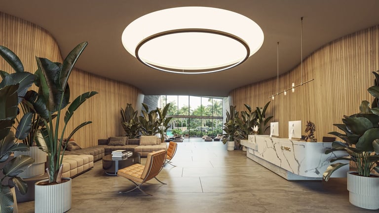 Modern luxury lobby with wooden walls and circular ceiling light