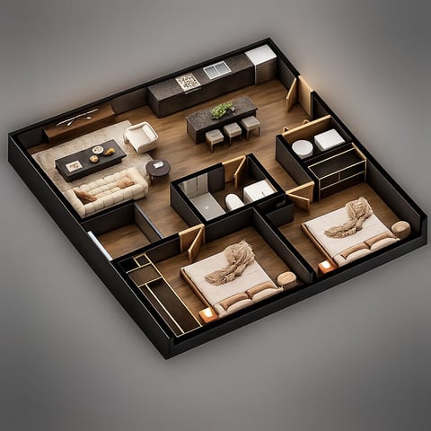 3D floor plan of a luxury apartment showing two bedrooms, living area, and kitchen with modern furnishings