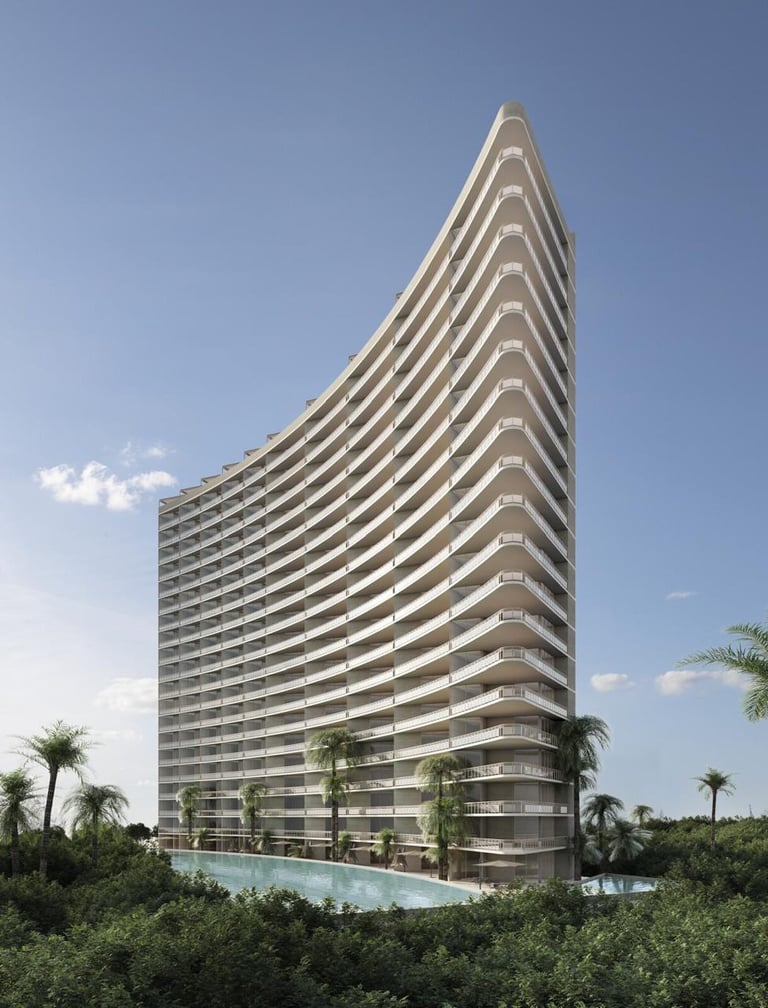 Modern curved residential high-rise with horizontal balconies and palm trees