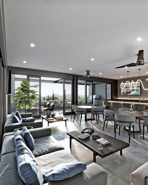 Modern open-concept living space with gray sofa, dining area, kitchen, and floor-to-ceiling windows overlooking landscape views