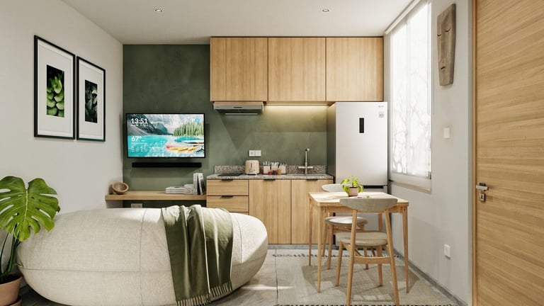 Modern studio apartment interior with light wood cabinetry, green accent wall, TV, compact dining area, and decorative plants