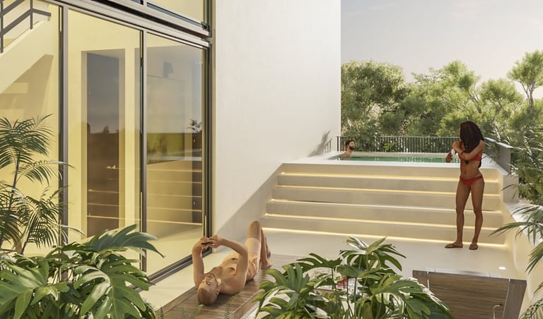 Modern rooftop with swimming pool, person in red swimsuit on steps, potted plants, and glass doors