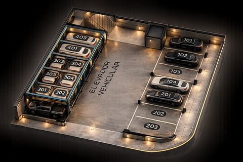 Overhead view of a modern car fuse box with numbered compartments and warm LED lighting