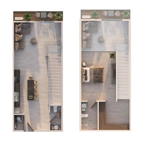 Plano del Penthouse de doble altura con recámara, baños y terraza