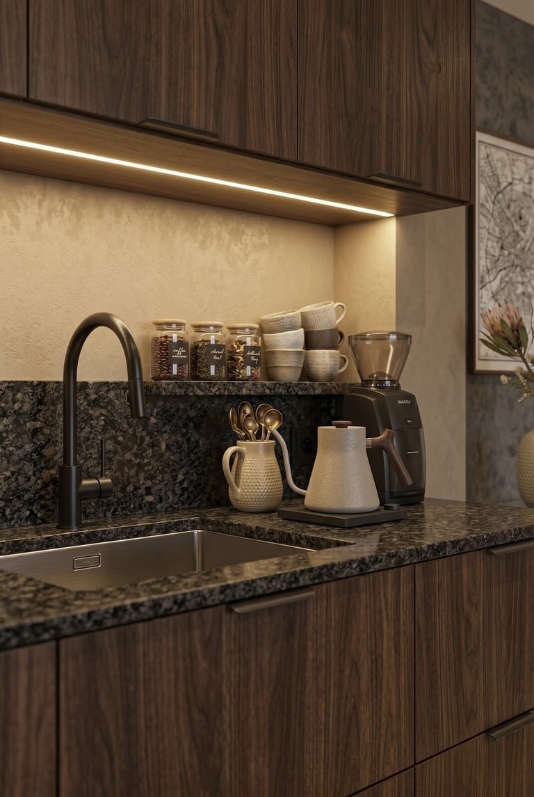 Modern kitchen corner with dark speckled countertop, black faucet, wood grain cabinetry, and organized shelving under warm LED lighting