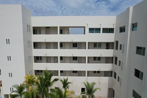 Modern white multi-story residential building with palm trees in foreground against blue sky