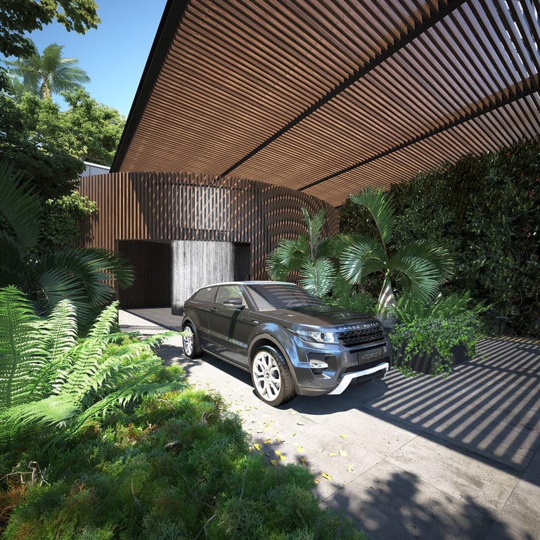 Blue SUV in modern carport with tropical plants